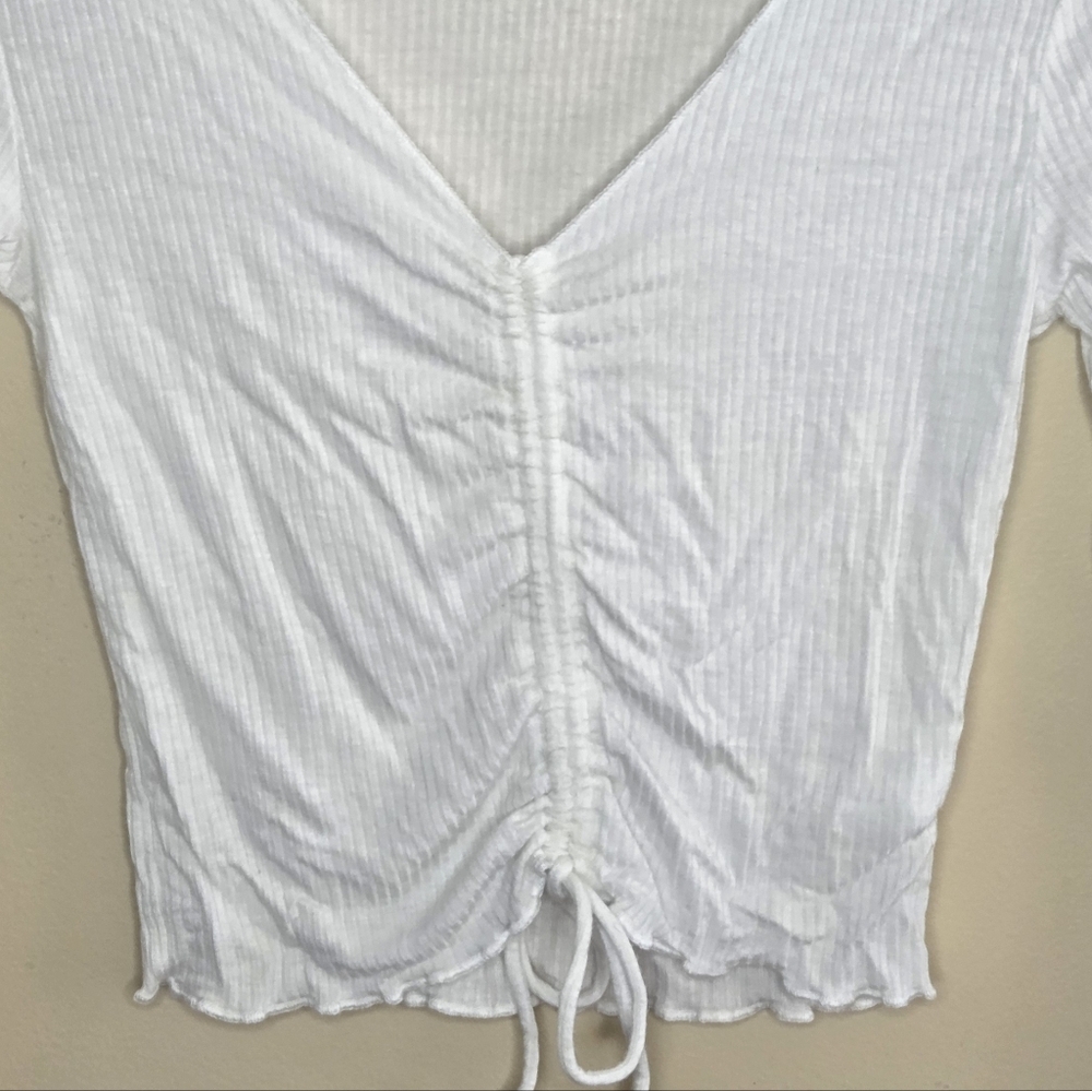 Antistar White Ribbed Cinch Front Cropped Long Sleeve Tee Size Small - Picture 2 of 5